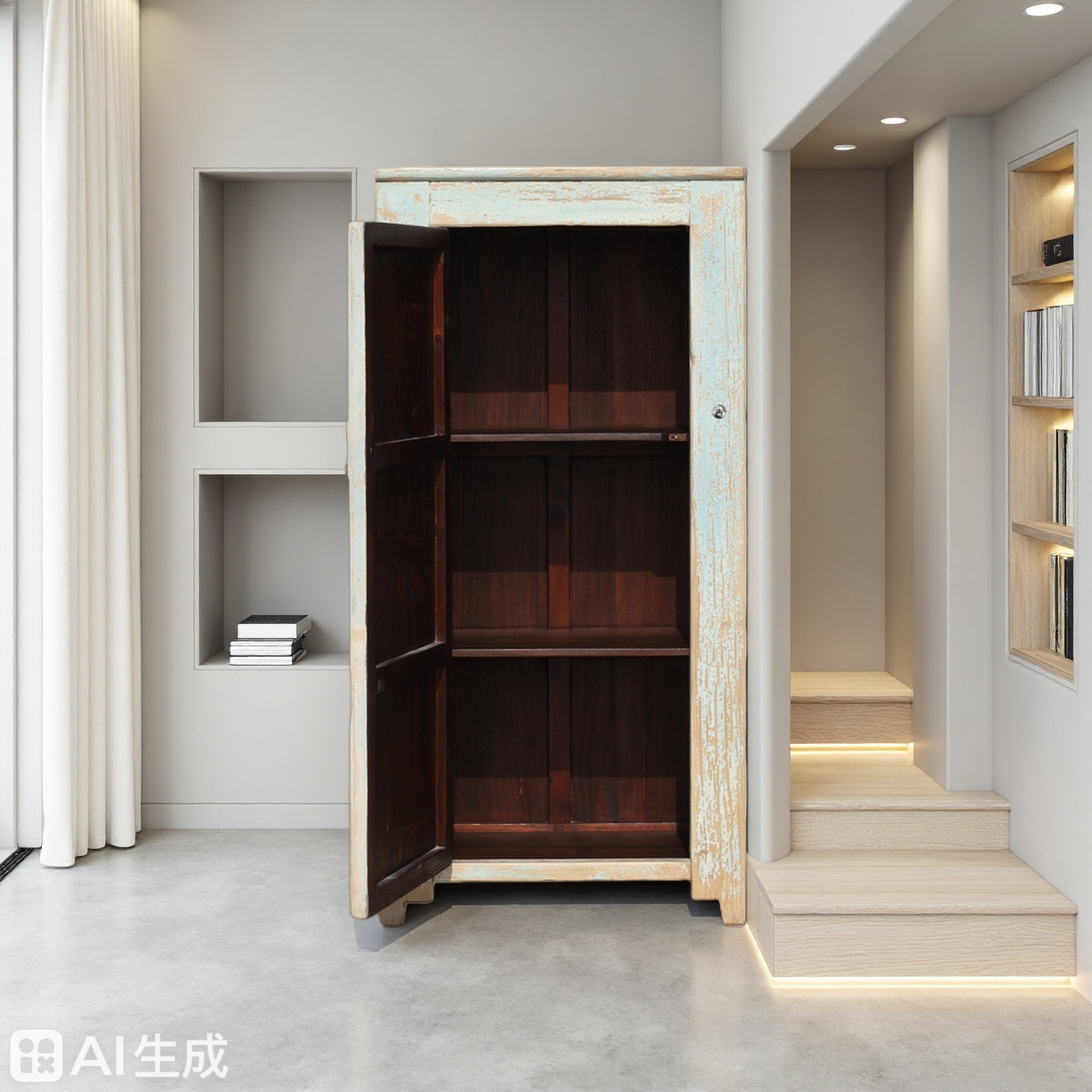 Pale Blue / Cream Distressed Lacquer 1 Door Tall Cabinet - Image 2