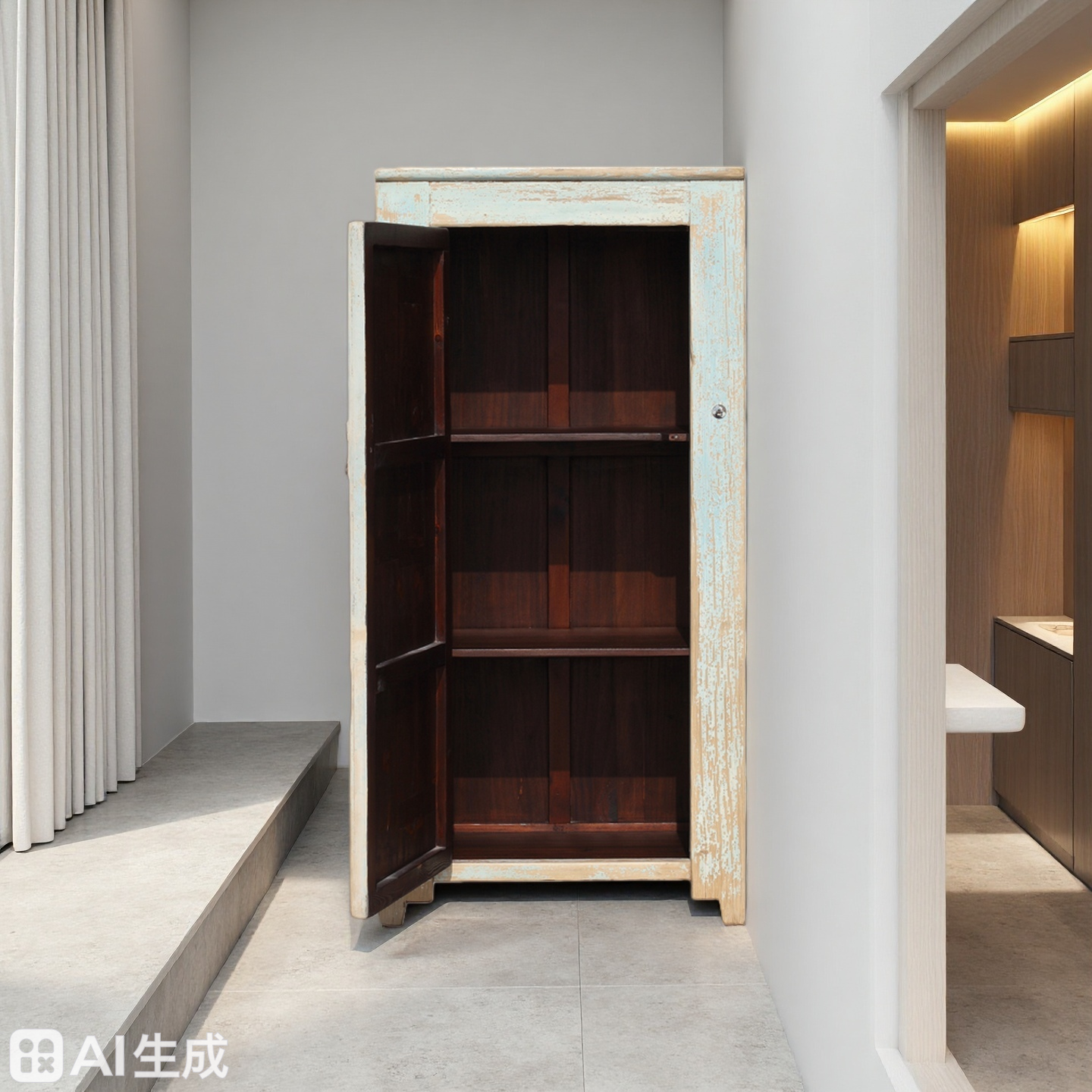 Pale Blue / Cream Distressed Lacquer 1 Door Tall Cabinet - Image 3