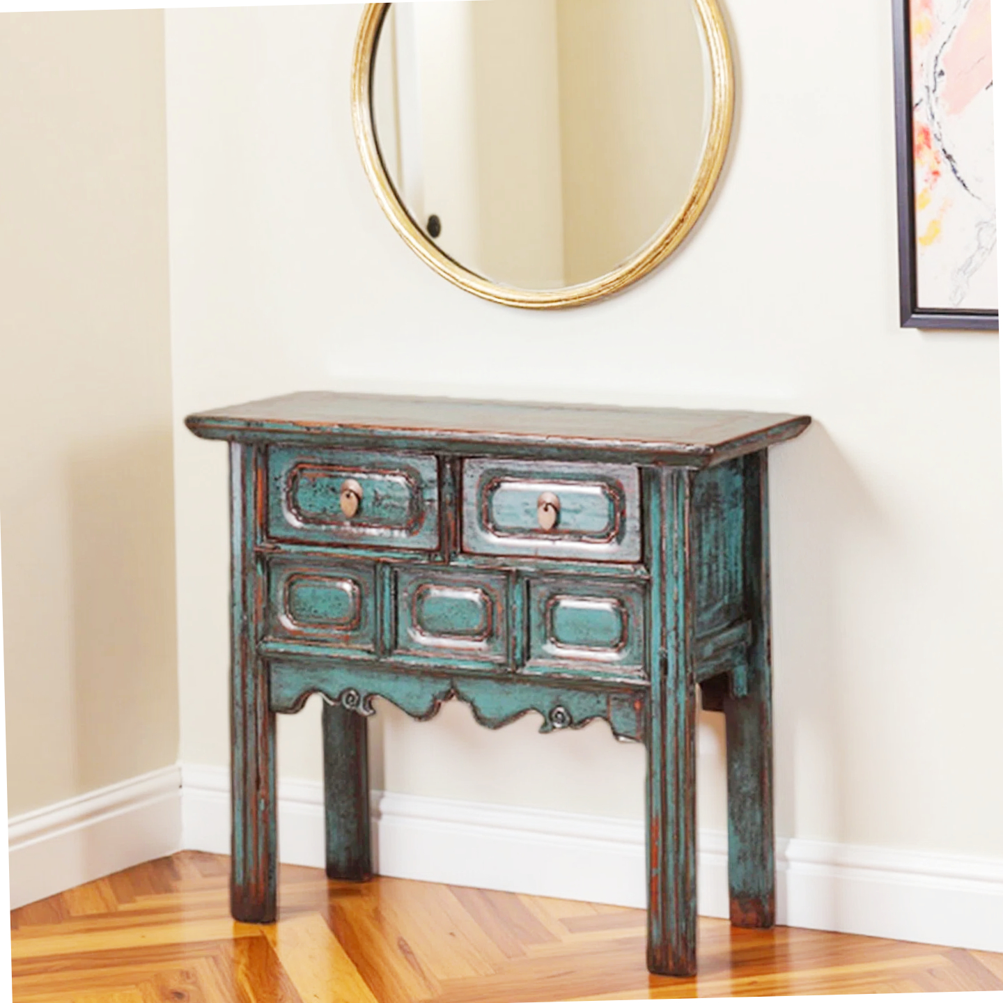 Peacock Blue High Lacquer 2 Drawers Console Table - Image 3