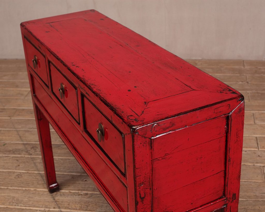 Red High Lacquer 3 Drawer Console Table NookDeco