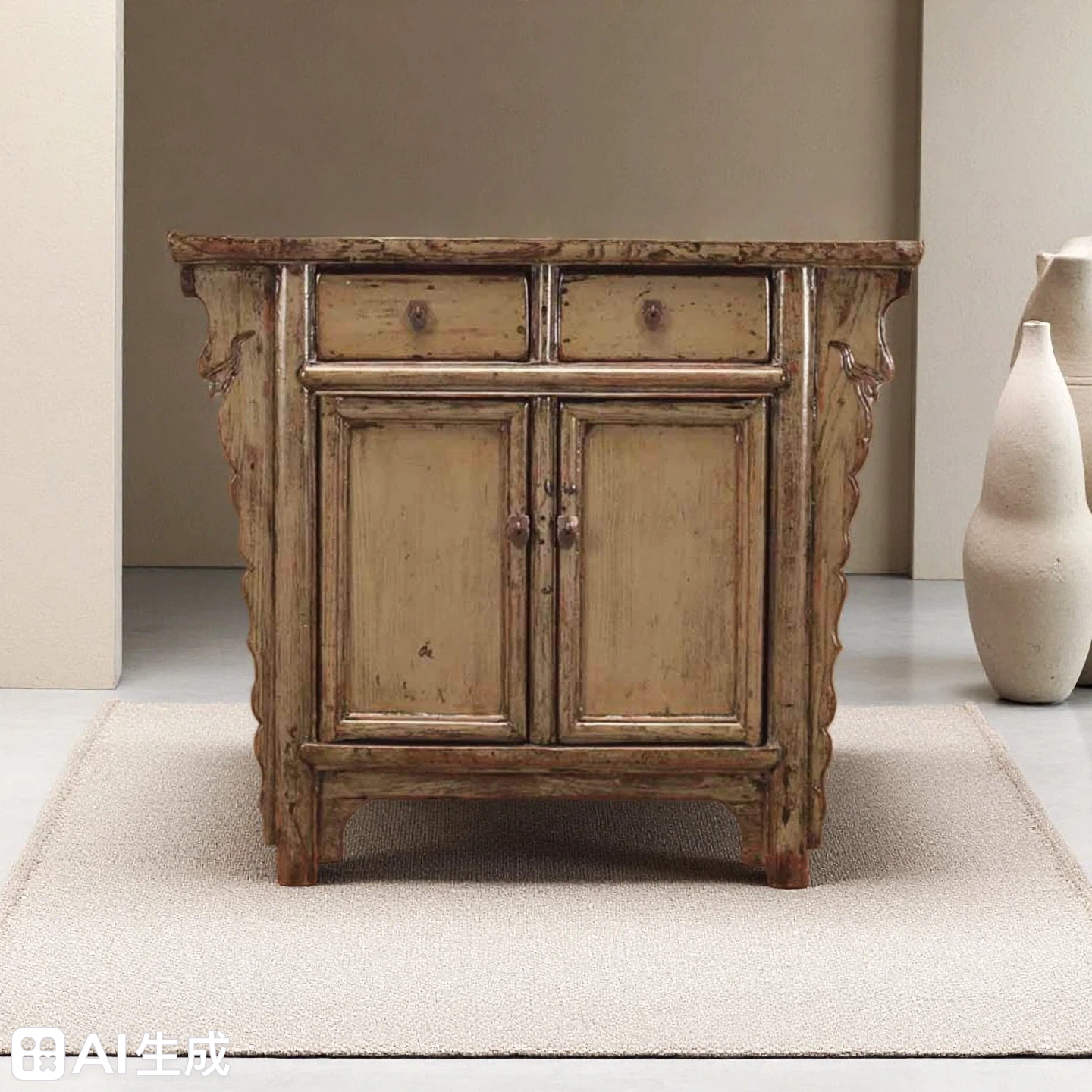 Grey High Lacquer 2 Drawer and 2 Door Cabinet With Carved Panels - Image 2