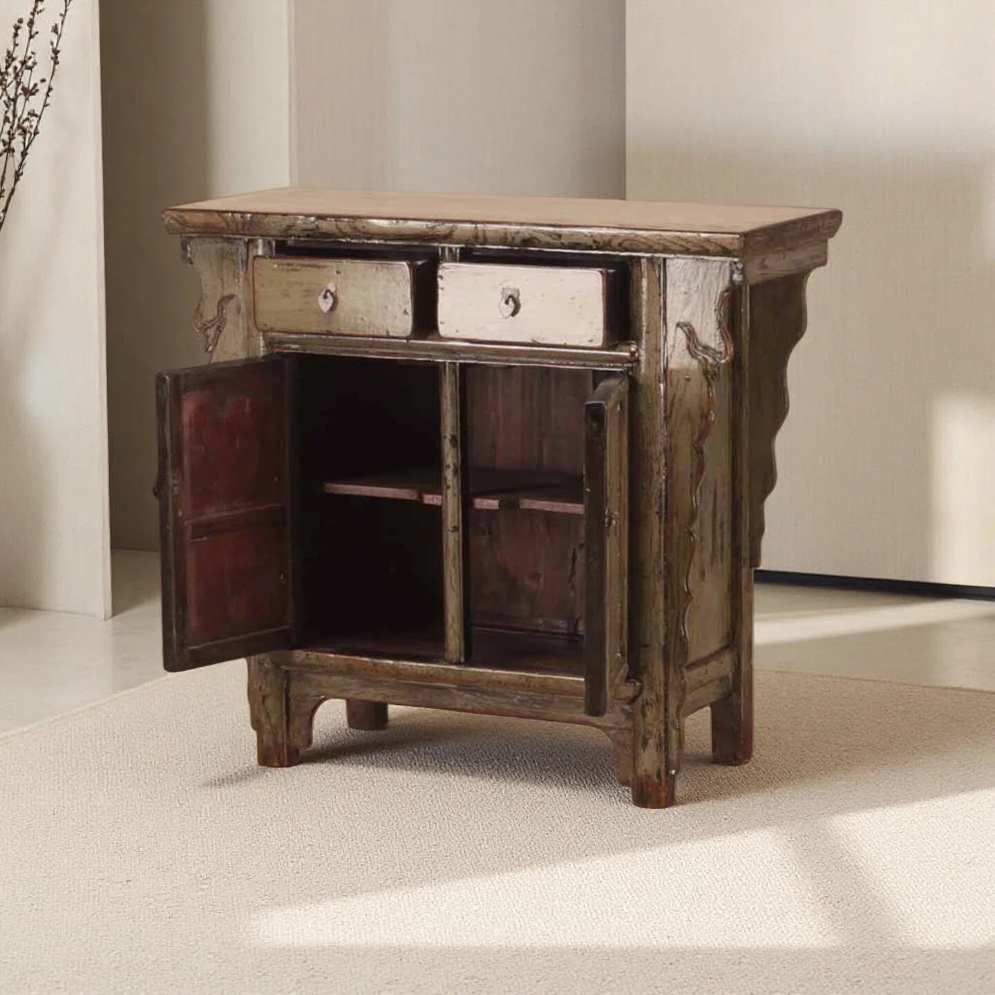 Grey High Lacquer 2 Drawer and 2 Door Cabinet With Carved Panels - Image 3