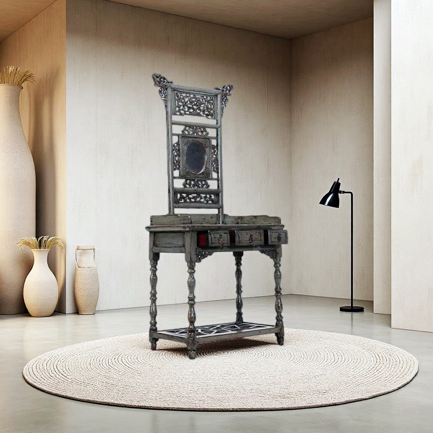 Antique Chinese Ladies’ Carved Dressing Table with Mirror - Image 3