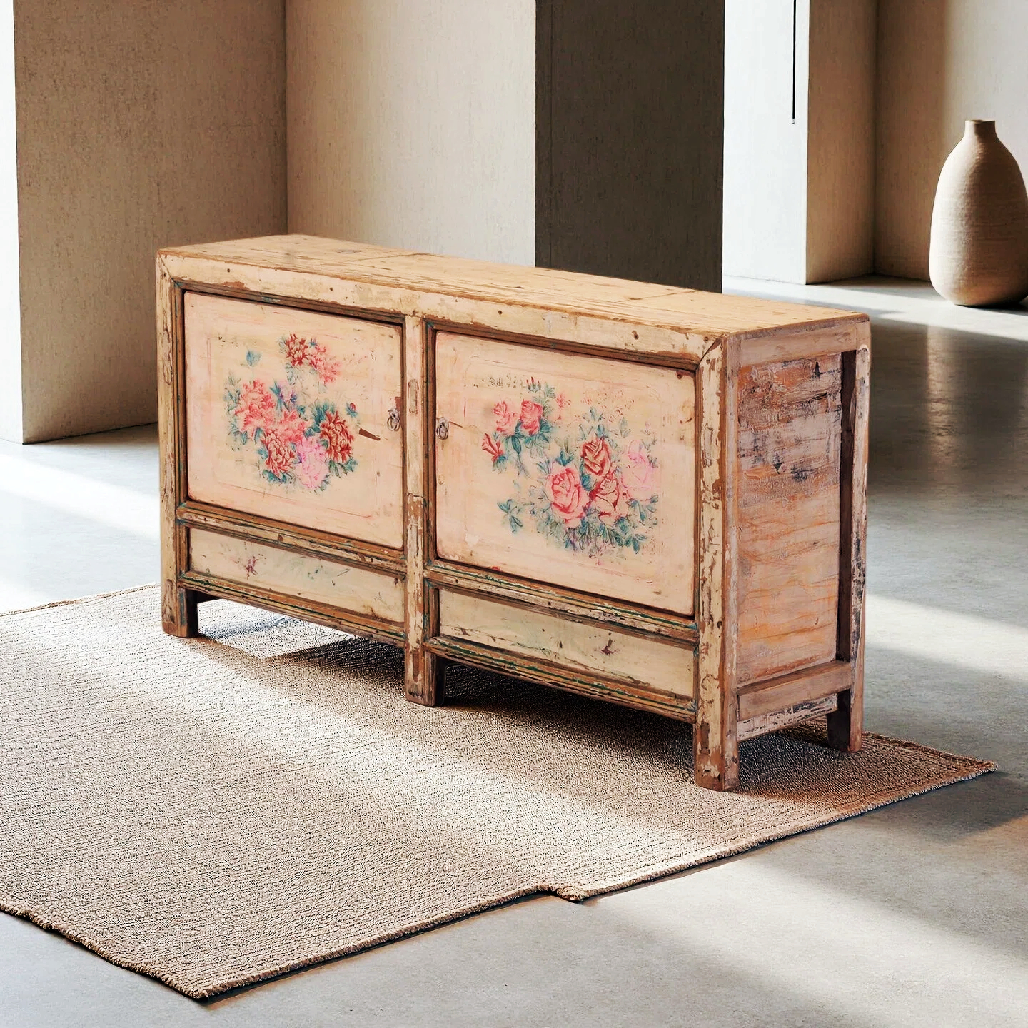 2 Door Whitewashed Floral Cabinet - Image 2