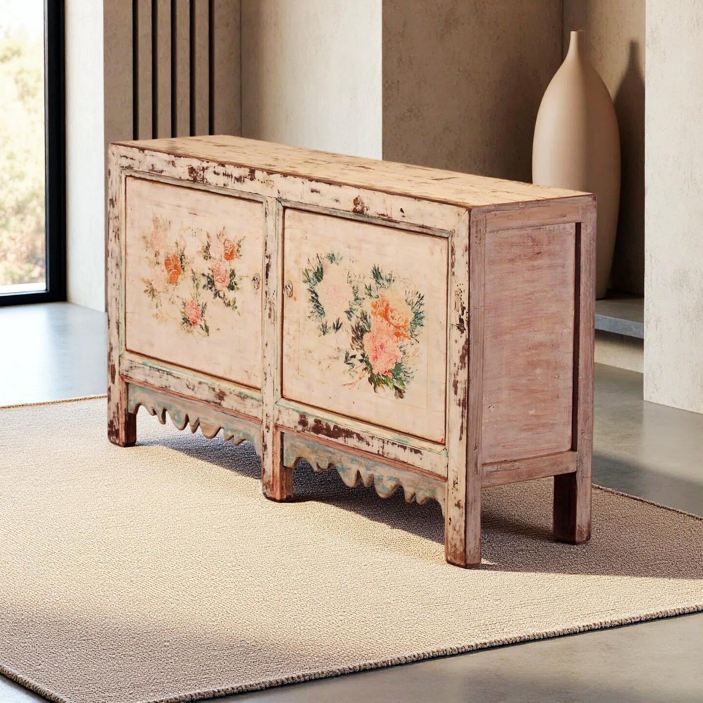 Unlacquered Original Floral 2 Door Cabinet with Carved Panels on the Bottom - Image 2