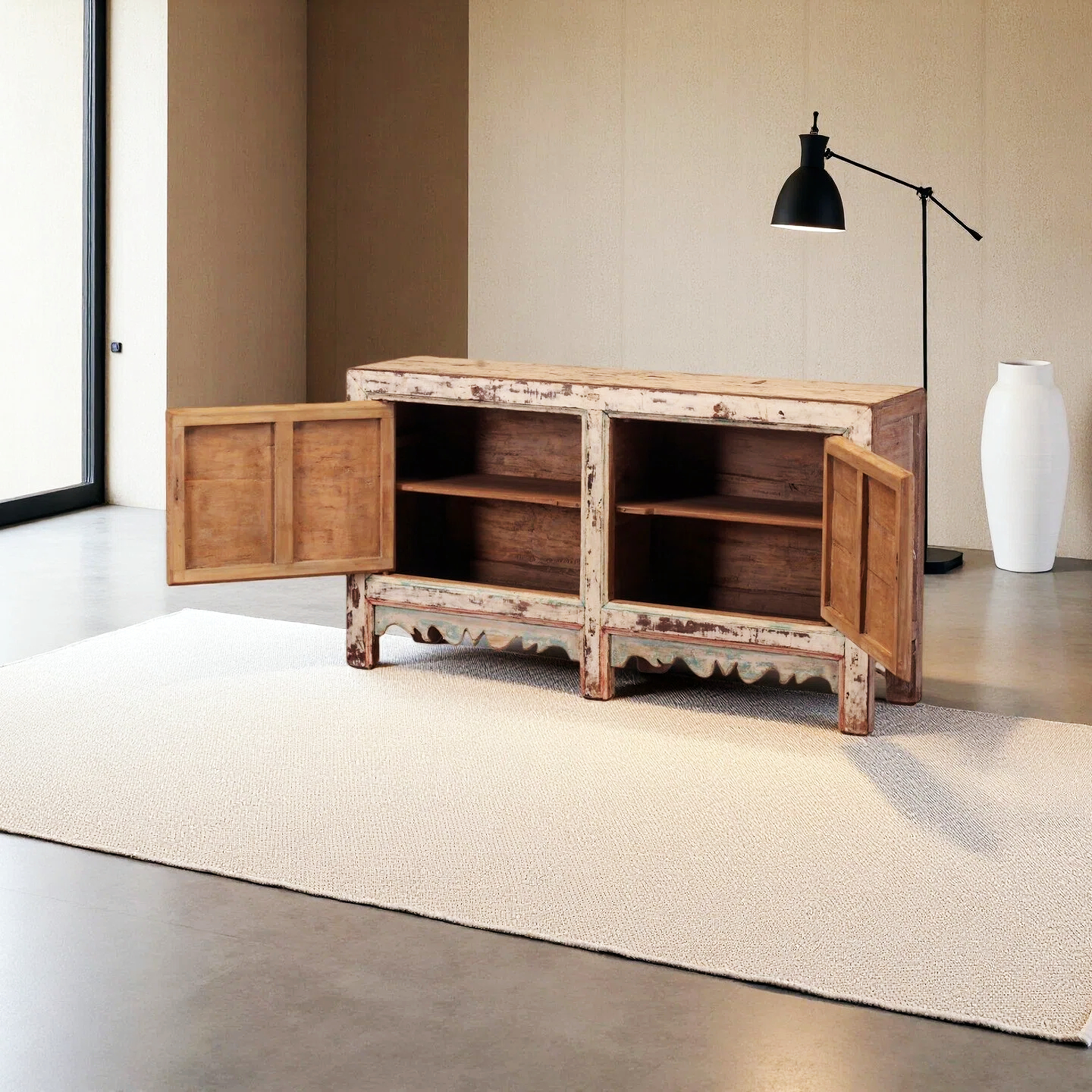 Unlacquered Original Floral 2 Door Cabinet with Carved Panels on the Bottom - Image 3