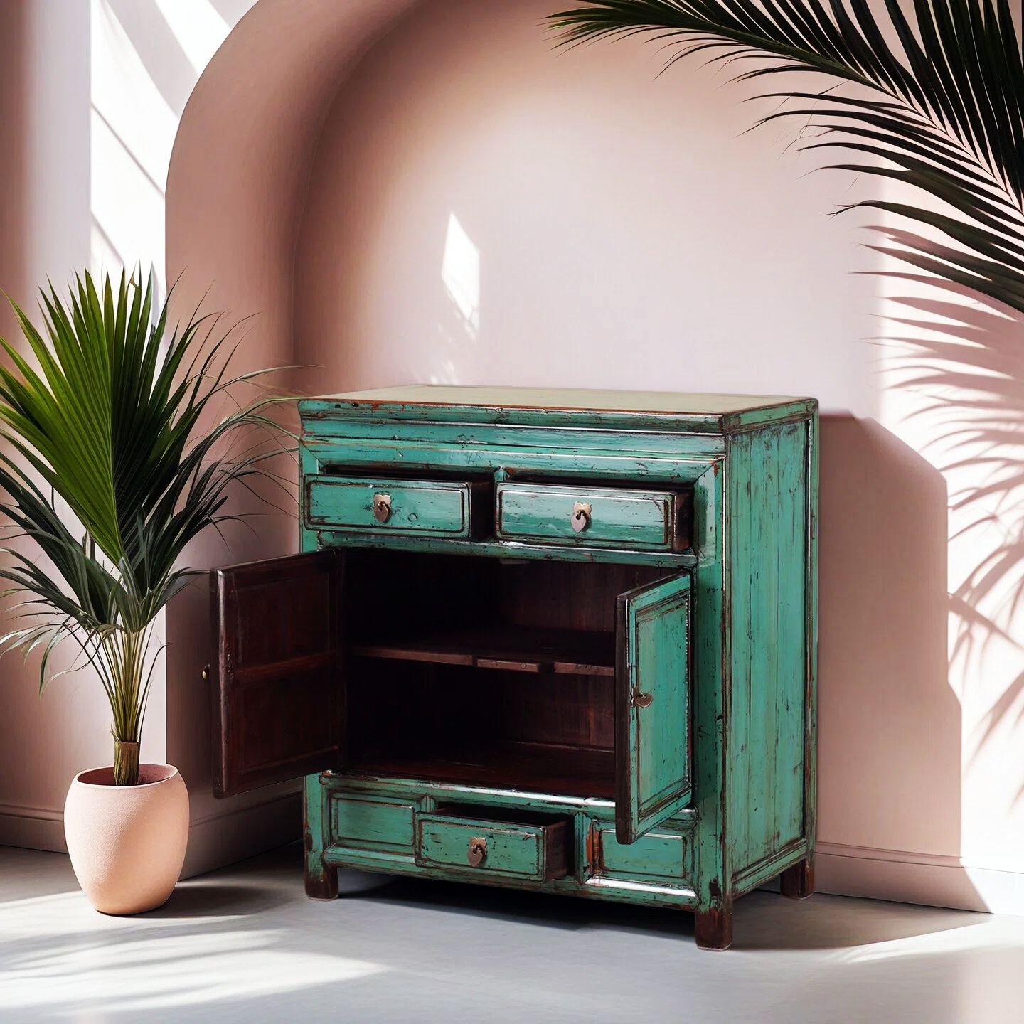 Teal High Lacquer 3 Drawer and 2 Door Cabinet - Image 3