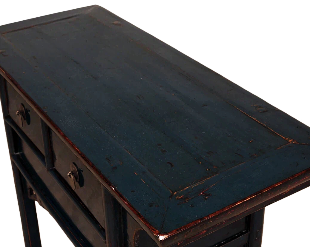 Dark Blue High Lacquer 2 Drawers Console Table With a Carved Panel - Image 3