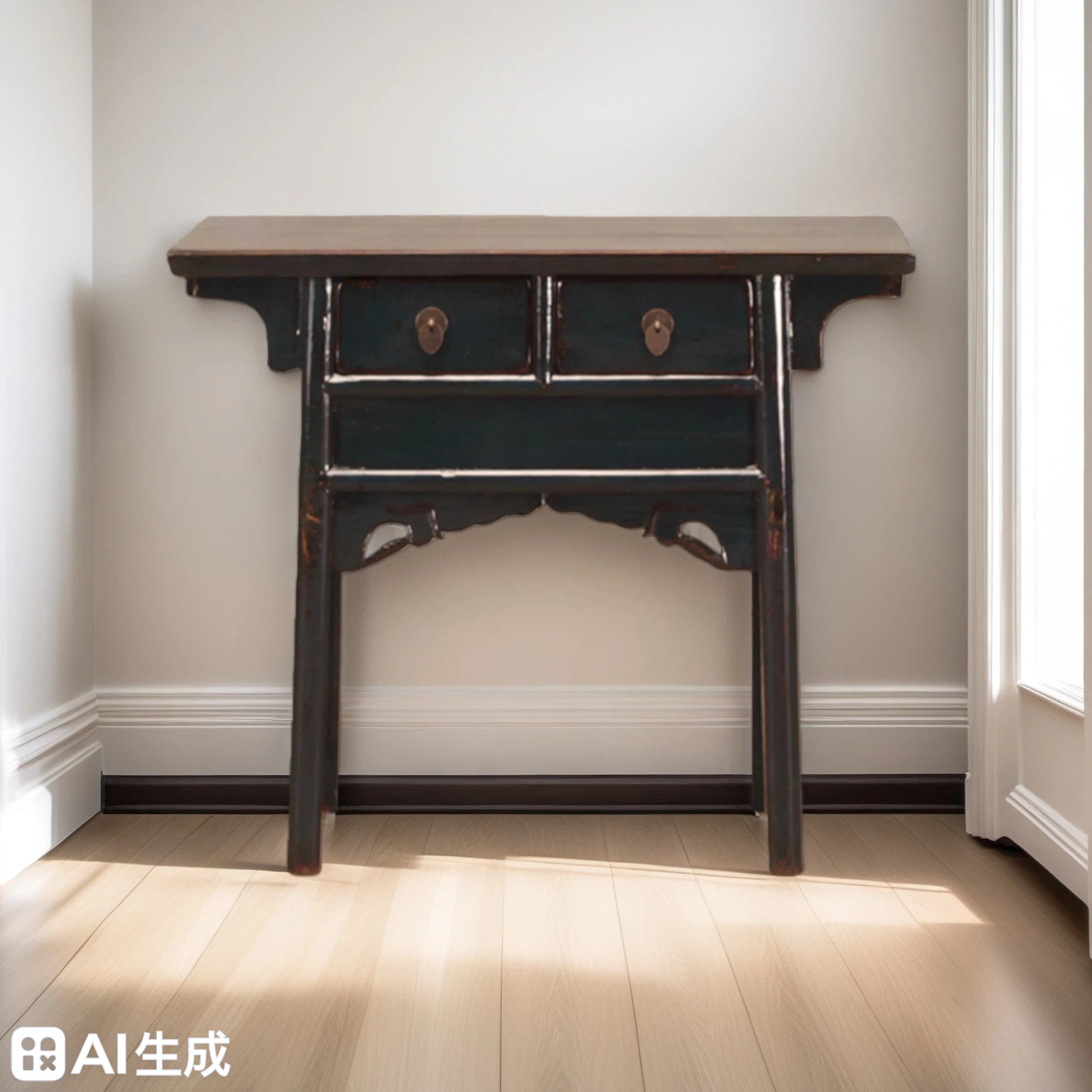 Dark Blue High Lacquer 2 Drawers Console Table With a Carved Panel - Image 2