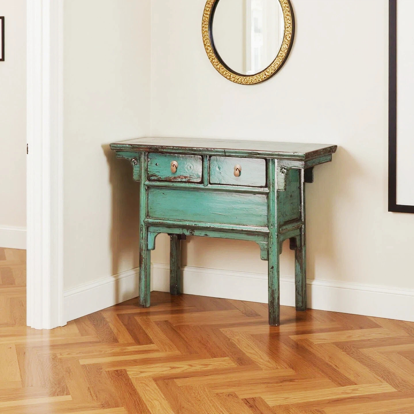 Teal High Lacquer 2 Drawers Console Table - Image 2