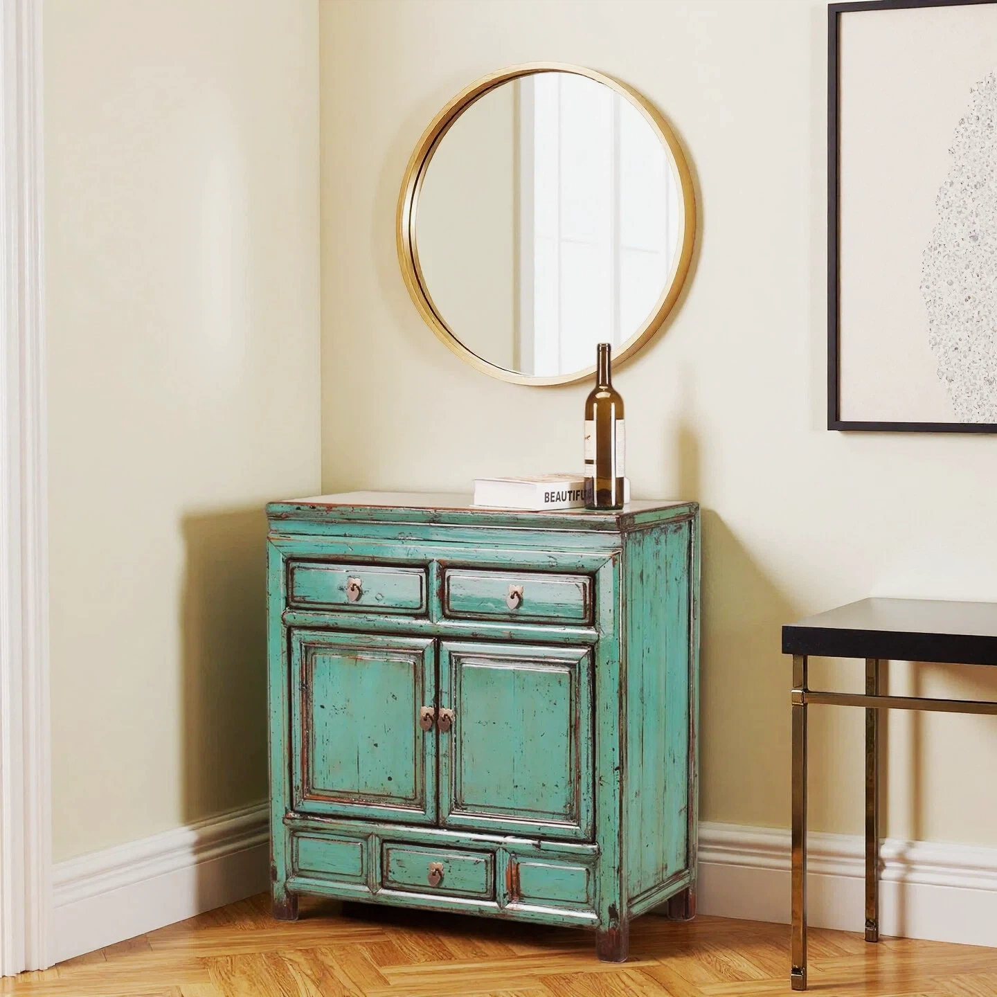 Teal High Lacquer 3 Drawer and 2 Door Cabinet - Image 2