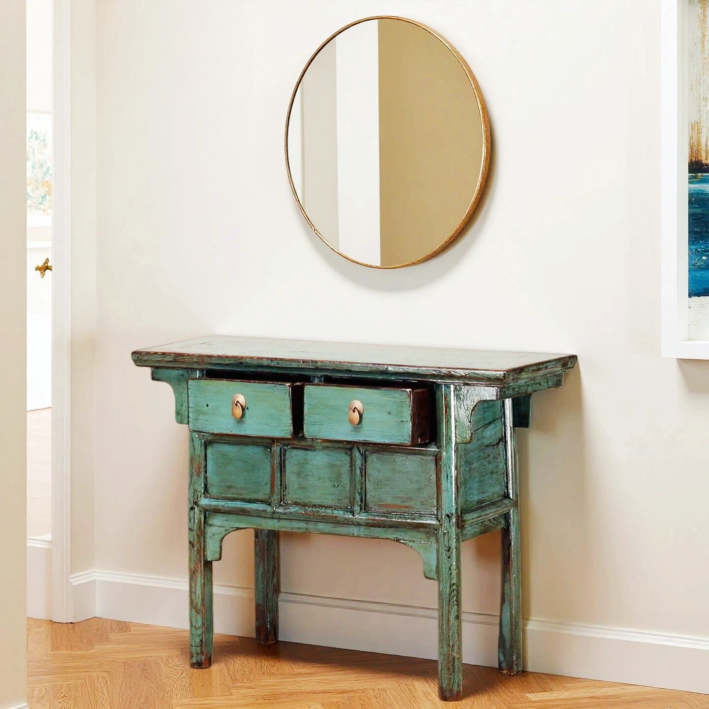 Teal High Lacquer 2 Drawers Console Table With 3 Panels - Image 2
