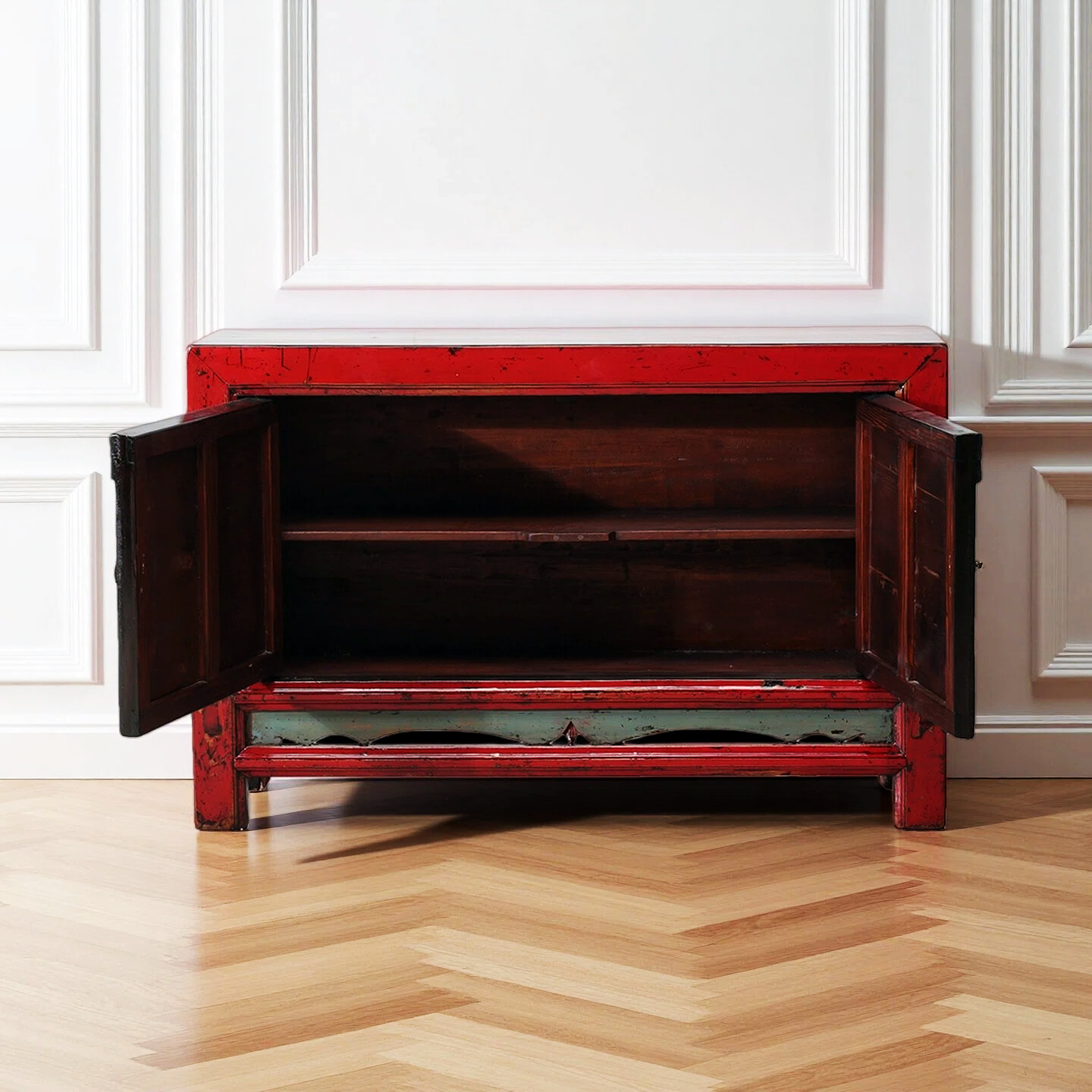 Red High Lacquer 2 Door Cabinet With Teal Edging Around the Doors - Image 3