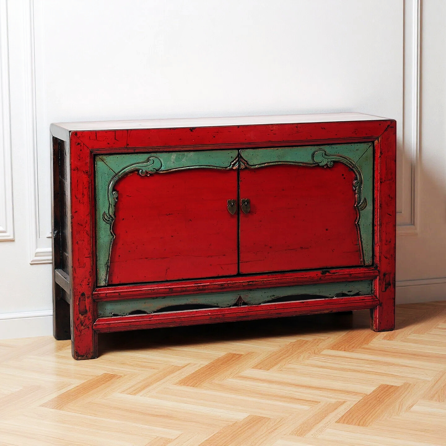 Red High Lacquer 2 Door Cabinet With Teal Edging Around the Doors - Image 2