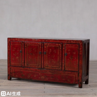 Red Golden Thread Floral 4 Door 3 Drawer Manchuria Sideboard