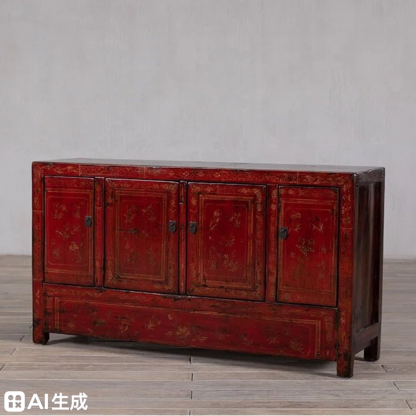 Red Golden Thread Floral 4 Door 3 Drawer Manchuria Sideboard