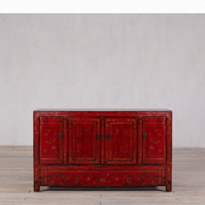 Red Golden Thread Floral 4 Door 3 Drawer Manchuria Sideboard - Image 2