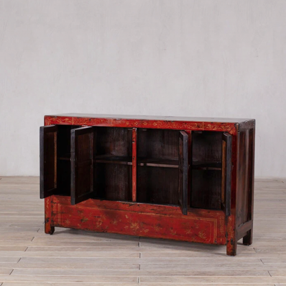 Red Golden Thread Floral 4 Door 3 Drawer Manchuria Sideboard - Image 3