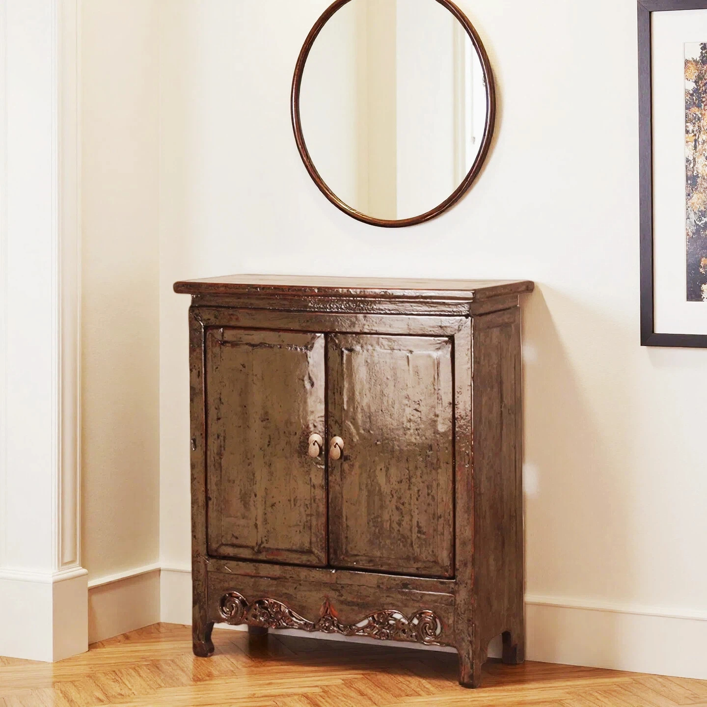 Dark Grey High Lacquer 2 Door Cabinet With Carved Bottom Panel - Image 2