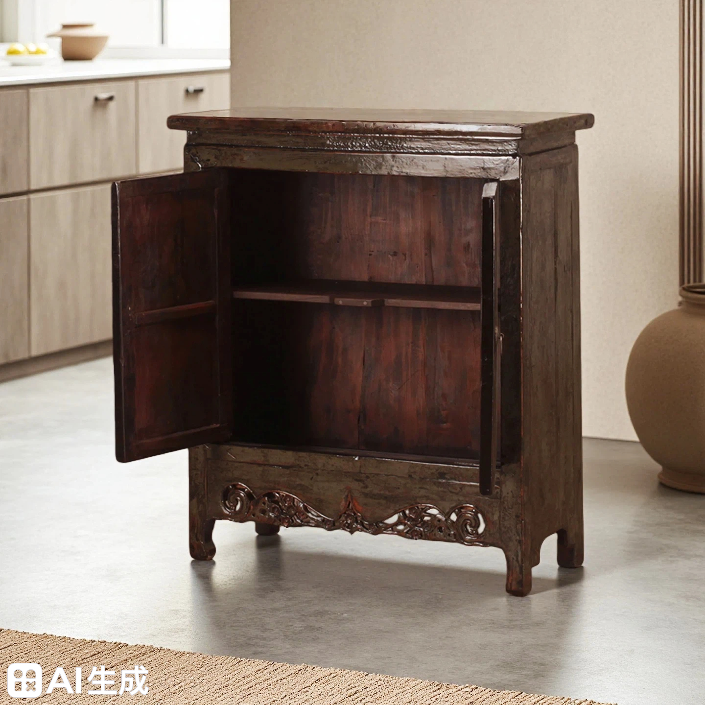Dark Grey High Lacquer 2 Door Cabinet With Carved Bottom Panel - Image 3