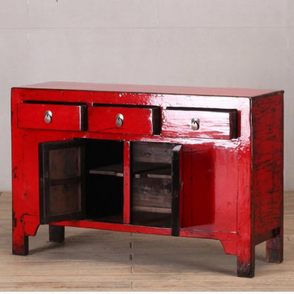 Red High Lacquer 3 Drawer and 2 Door Cabinet - Image 3