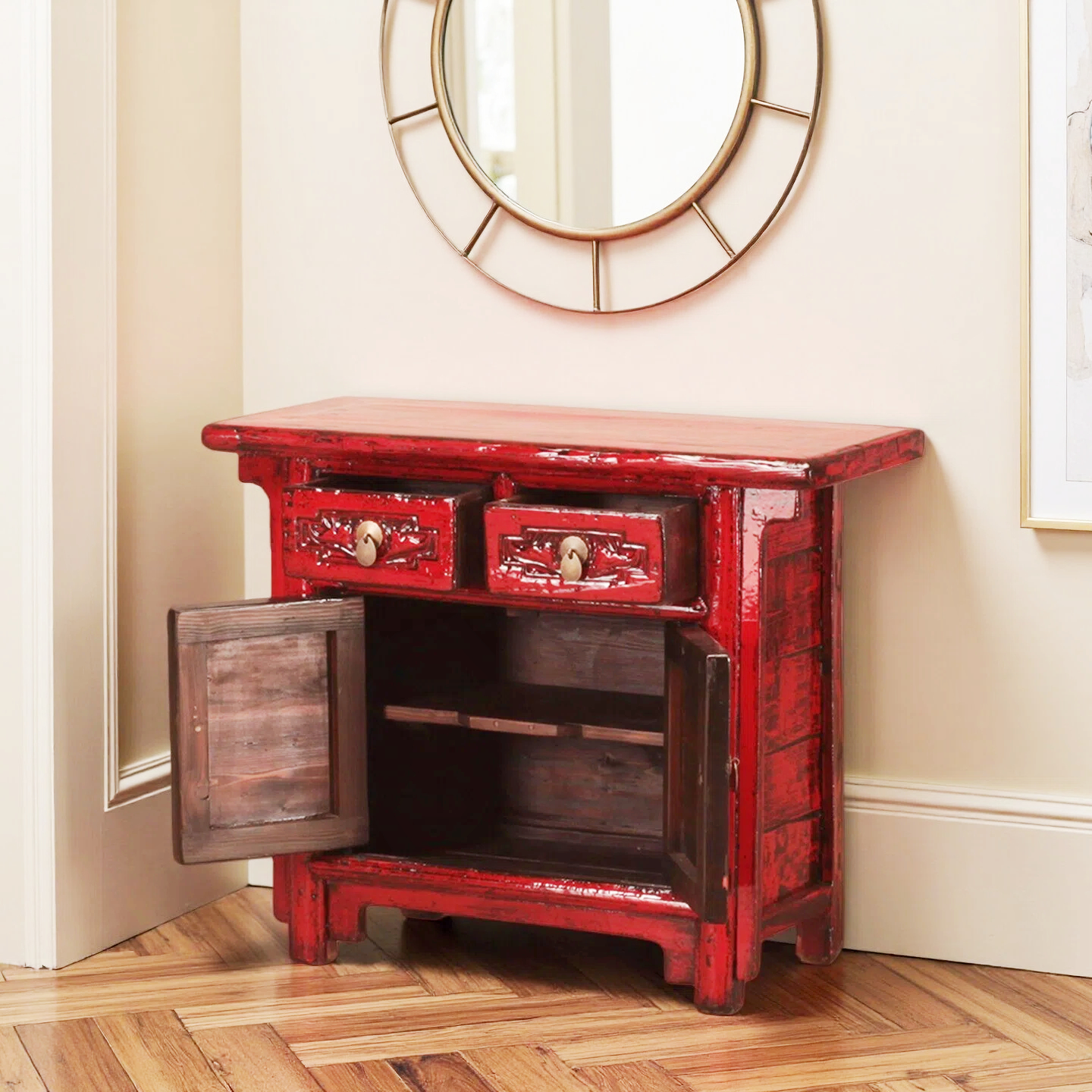 Red High Lacquer 2 Drawer and 2 Door Cabinet - Image 3