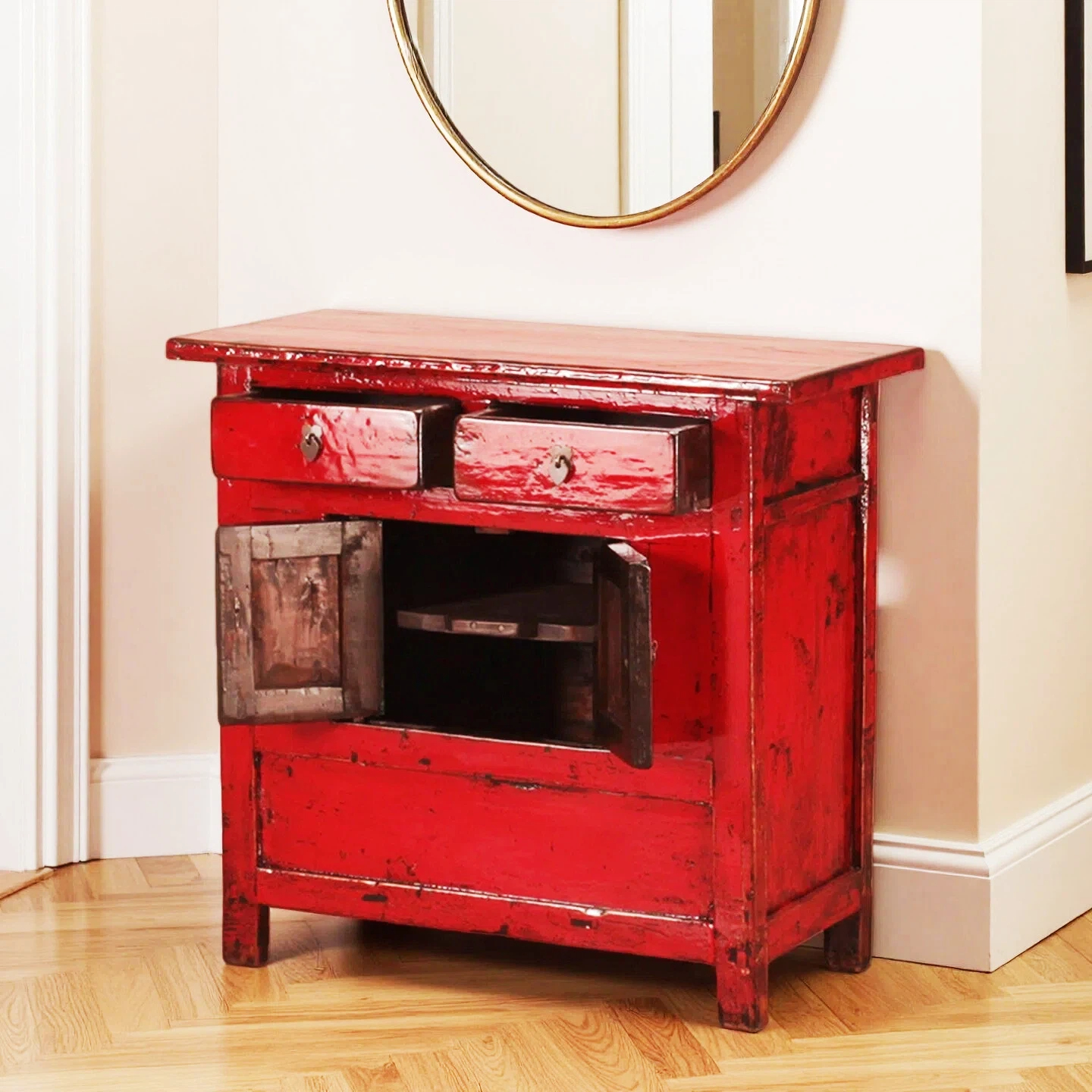 Red High Lacquer 2 Drawer and 2 Door Cabinet - Image 3