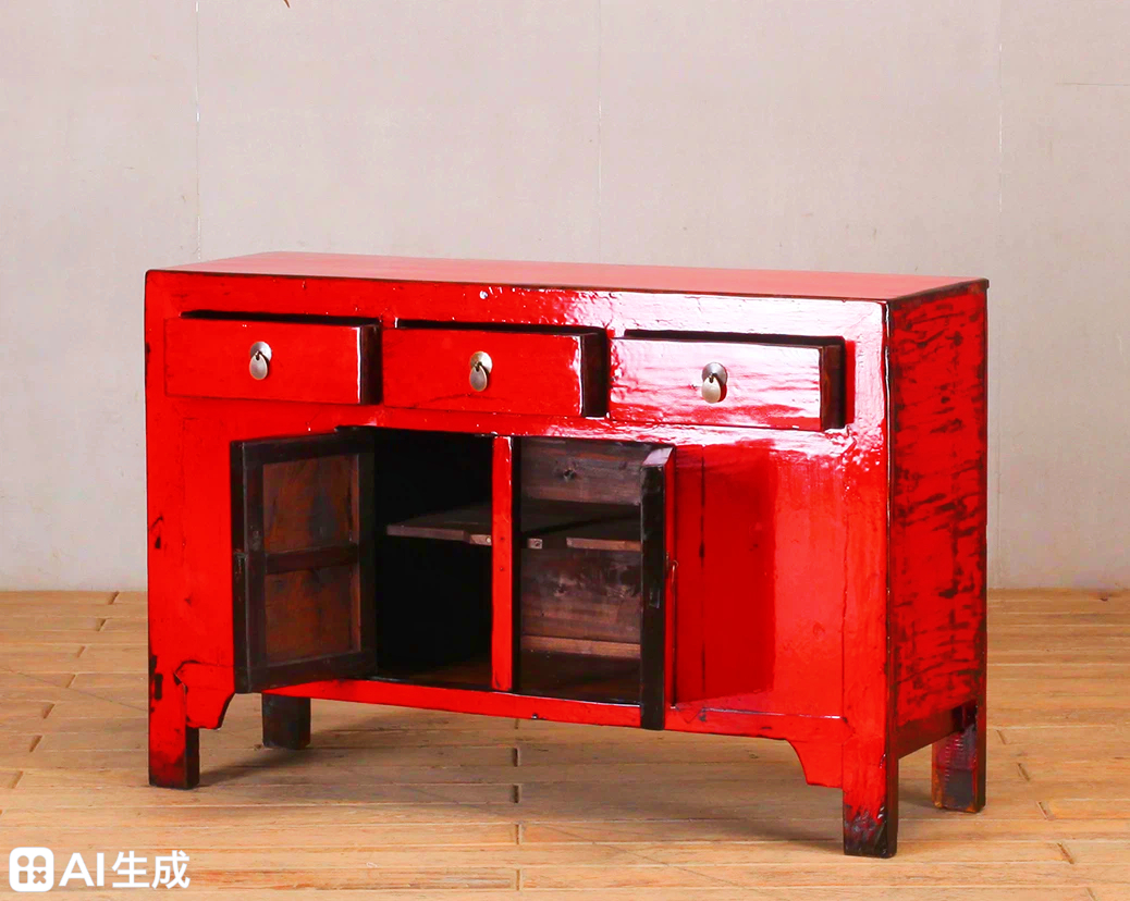 Red High Lacquer 3 Drawer and 2 Door Cabinet - Image 3