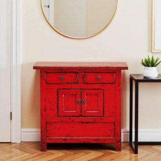 Red High Lacquer 2 Drawer and 2 Door Cabinet