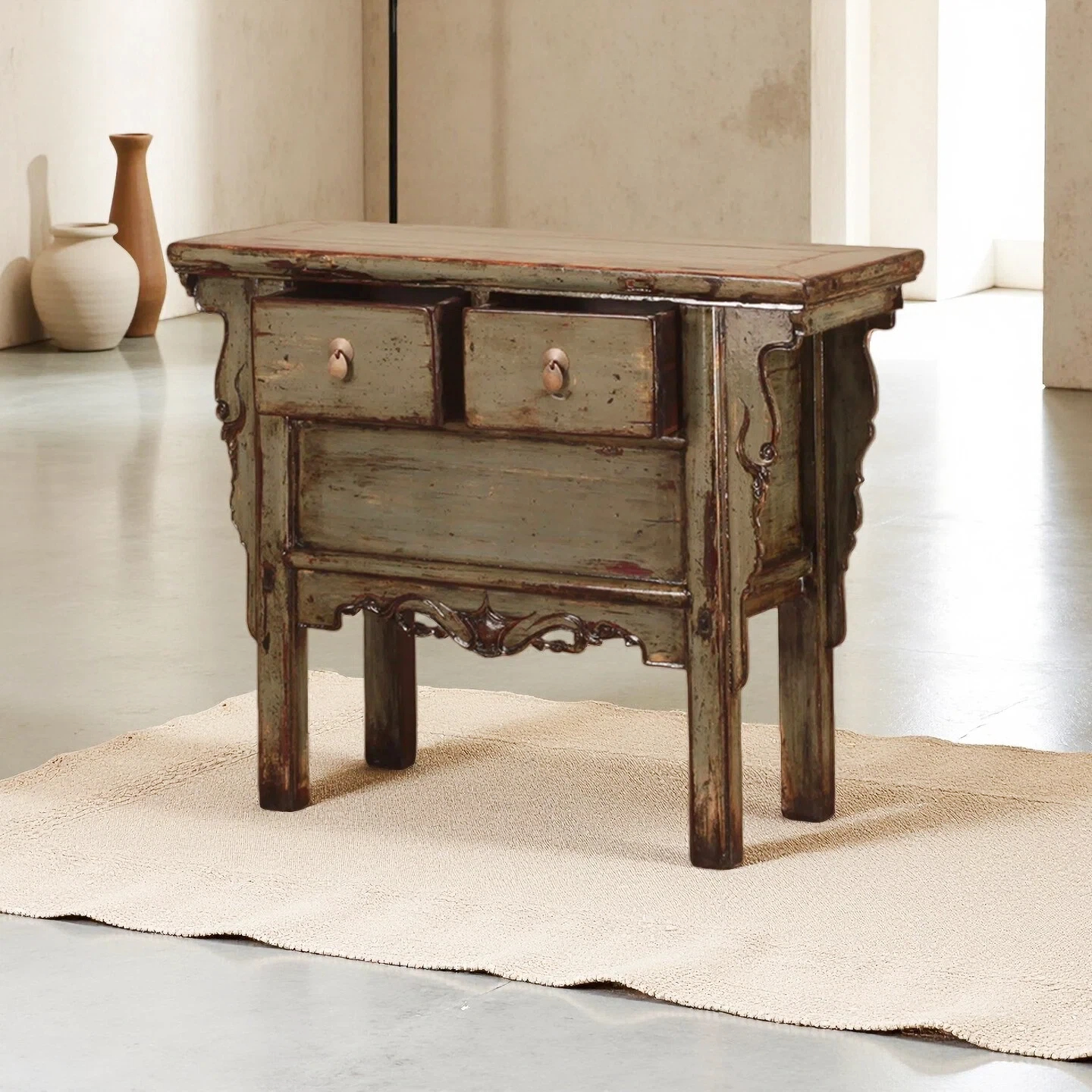 Oliver Green Lacquer 2 Drawer Console Table With Carved Panels - Image 2