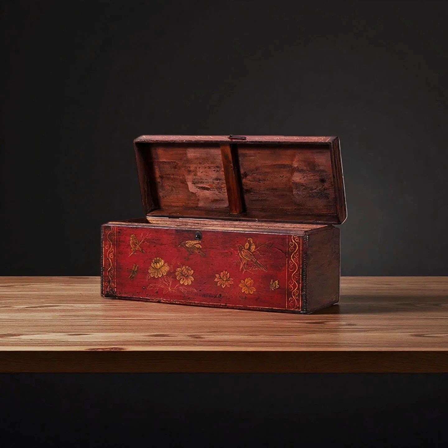 Small Red Hand-Painted Antique Storage Wedding Chest - Image 2