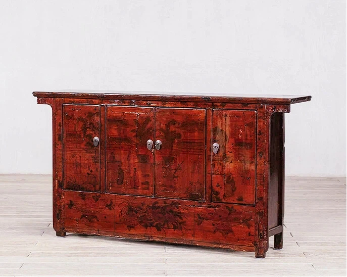 Red Black-Painted Floral Motifs 4 Door Manchuria Wedding Cabinet - Image 3