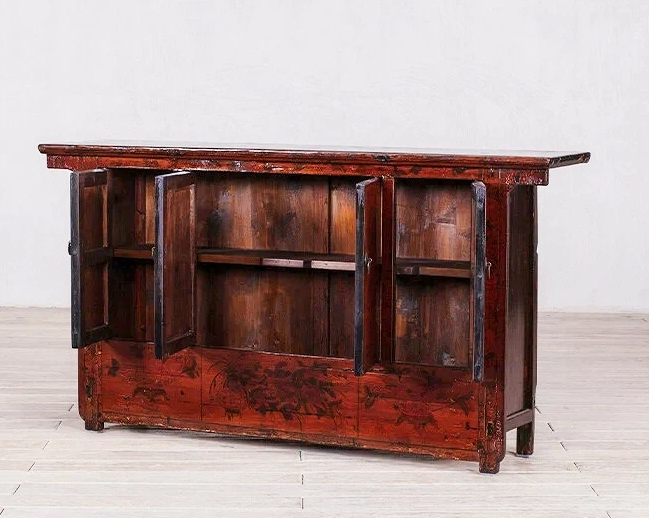 Red Black-Painted Floral Motifs 4 Door Manchuria Wedding Cabinet - Image 4