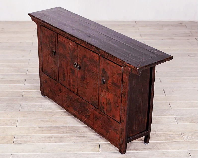 Red Black-Painted Floral Motifs 4 Door Manchuria Wedding Cabinet - Image 2