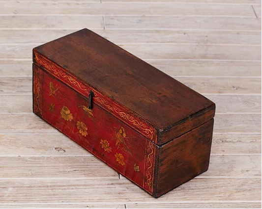 Small Red Hand-Painted Antique Storage Wedding Chest - Image 4